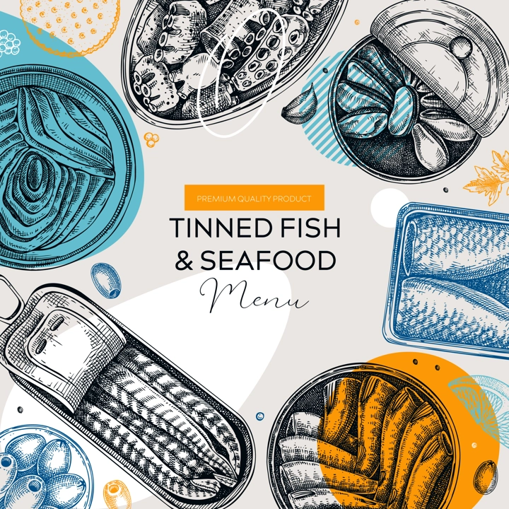 Collage-style tinned fish table design. Hand-drawn seafood restaurant menu. Canned fish and shellfish vector frame. Vintage sardines, caviar, mackerel, tuna, mussels vector food illustration